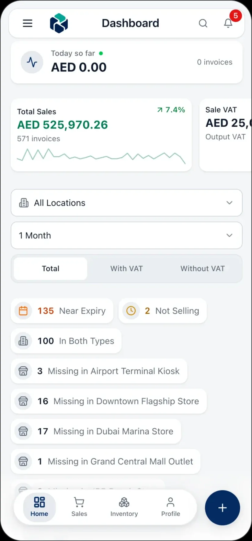 ProCraft ERP on a phone — the same dashboard with bottom navigation and a quick-add button